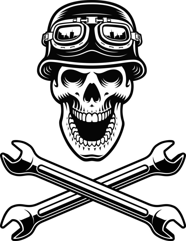 biker skull with crossed wrenches vector illustration