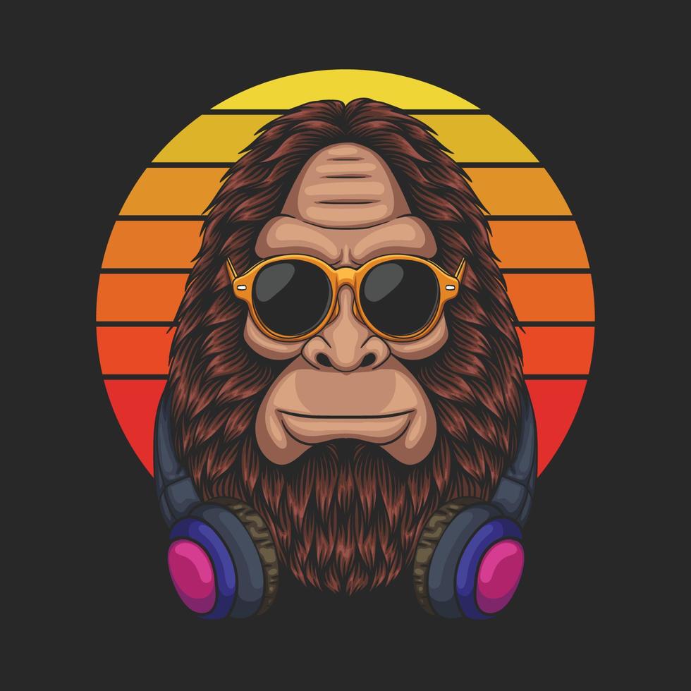 Bigfoot cool wearing a eyeglasses and headphone vector illustration