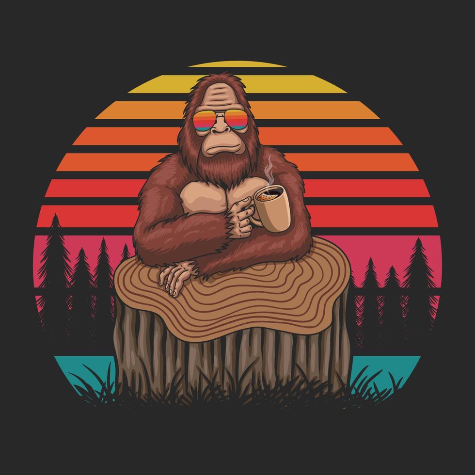 Bigfoot relajarse beber café retro ilustración vectorial vector