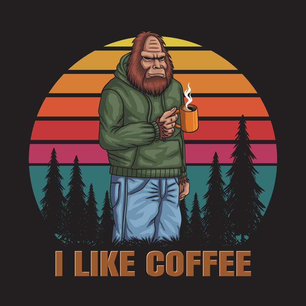 Bigfoot relaxing drink coffee retro vector illustration