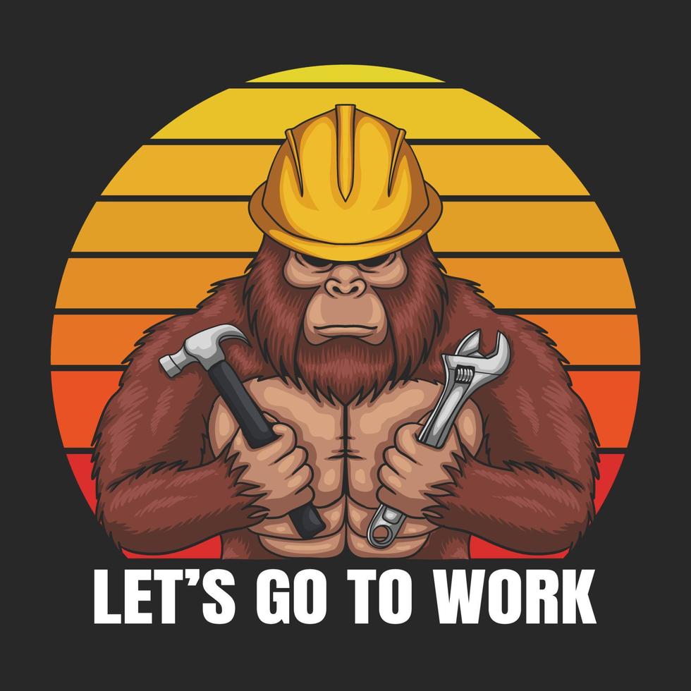 Bigfoot wearing a helmet worker retro vector illustration