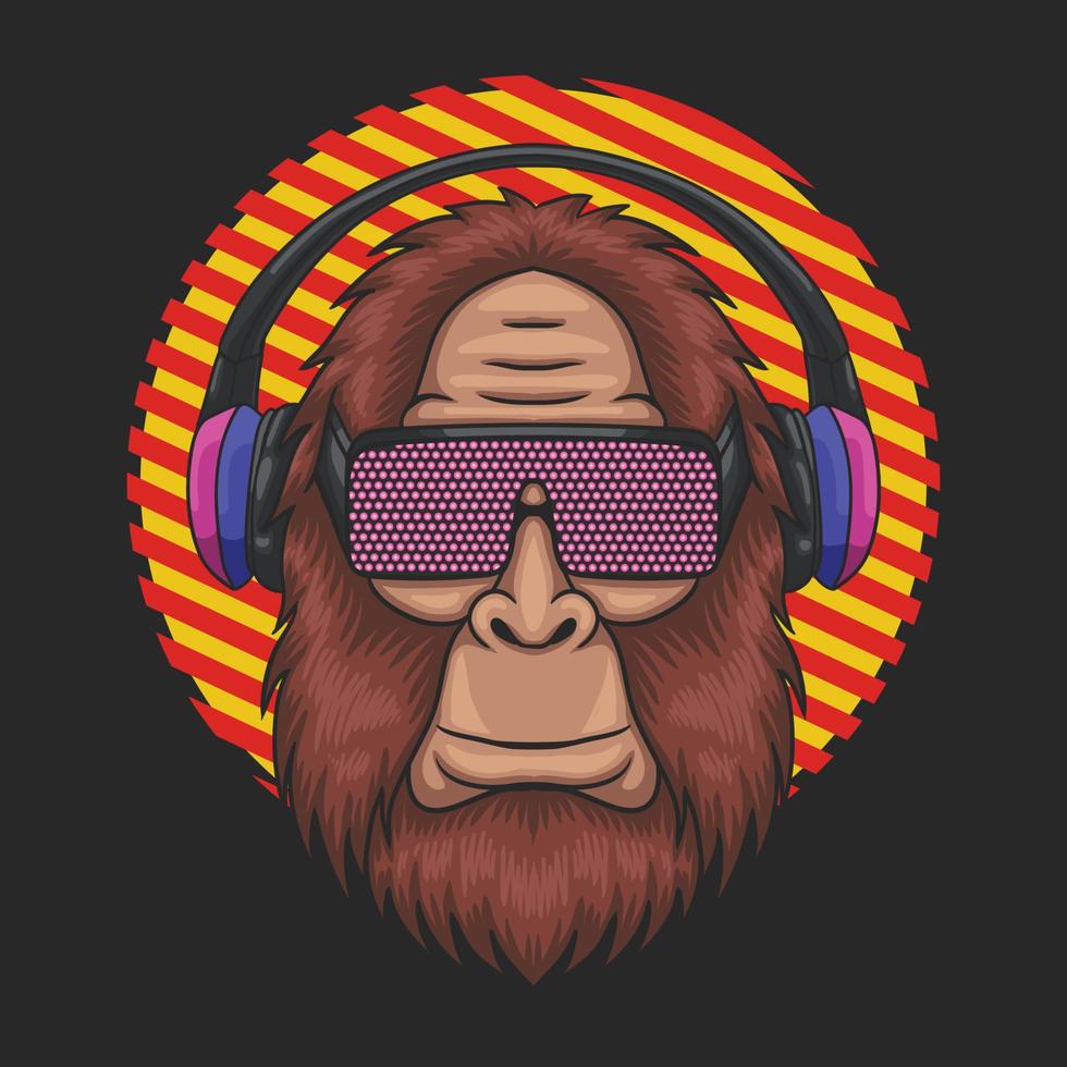 Bigfoot wearing a techno eyeglasses and headphone vector illustration