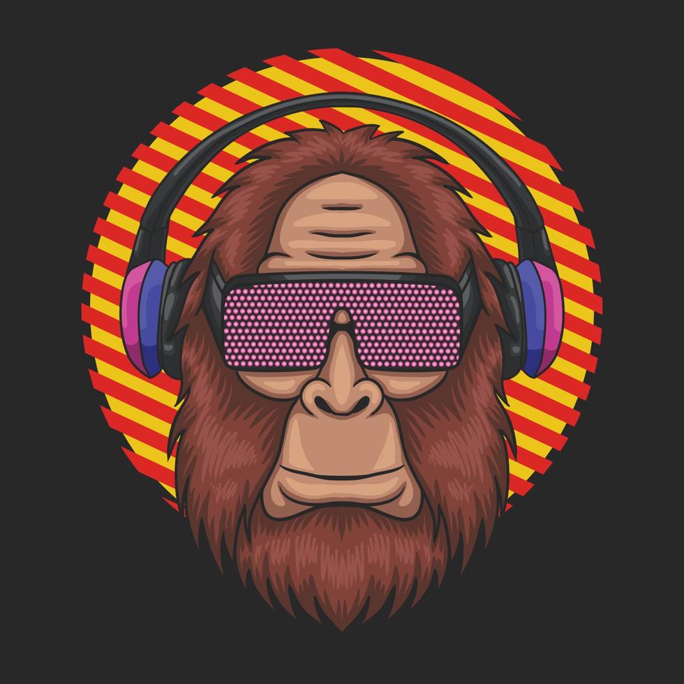 Bigfoot usando una ilustración de vector de anteojos tecno y auriculares