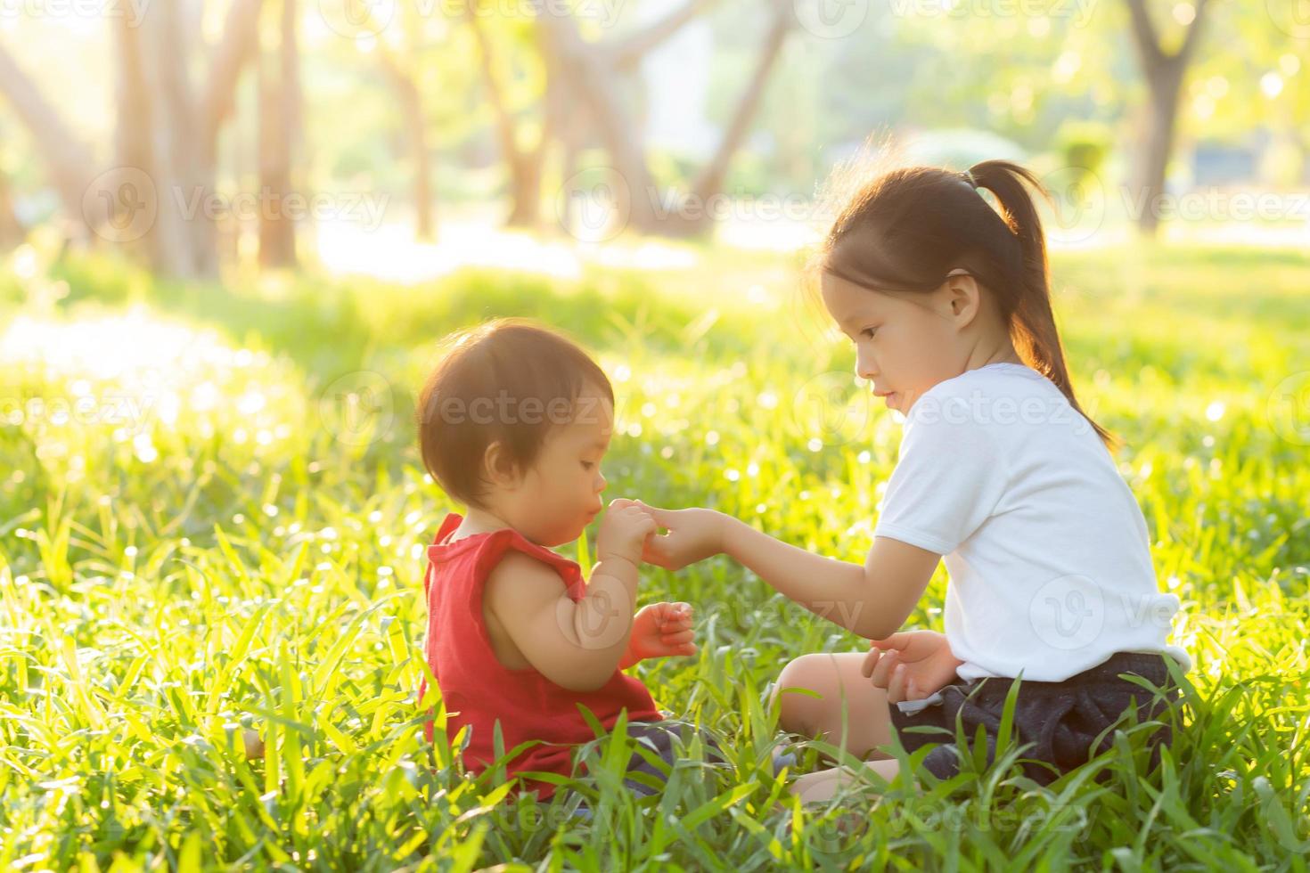 Beautiful young asian kid sitting playing in summer in the park with enjoy and cheerful on green grass, children activity with relax and happiness together on meadow, family and holiday concept. photo