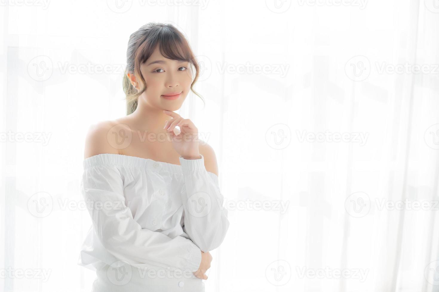 Beautiful portrait young asian woman makeup of cosmetic, asia girl smile and happy attractive, face beauty perfect with wellness skin care and healthcare, lifestyle wellbeing concept. photo