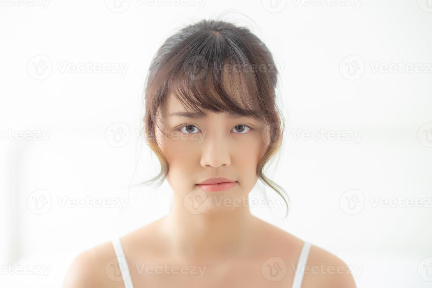 Beautiful portrait young asian woman having worry unhappy and upset about problem skin, beauty asia girl felling expression and emotion sad and bad, female having trouble and displeased. photo