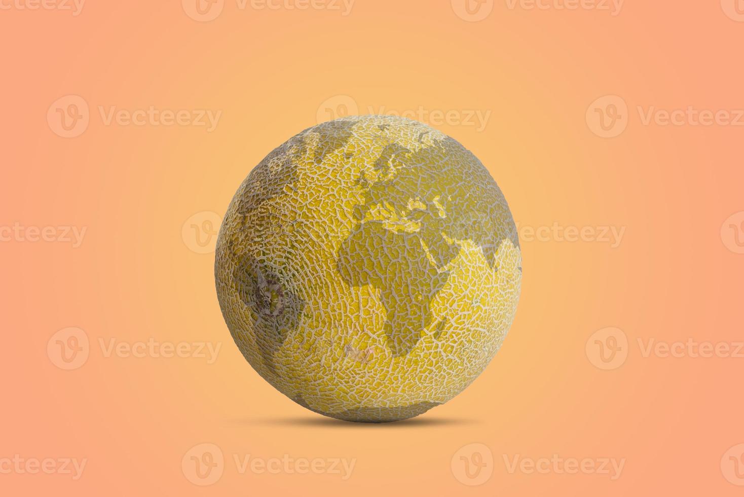 Melon as a planet earth. Map of the world on the crust. Conceptual creative composition on pastel backgrounds photo