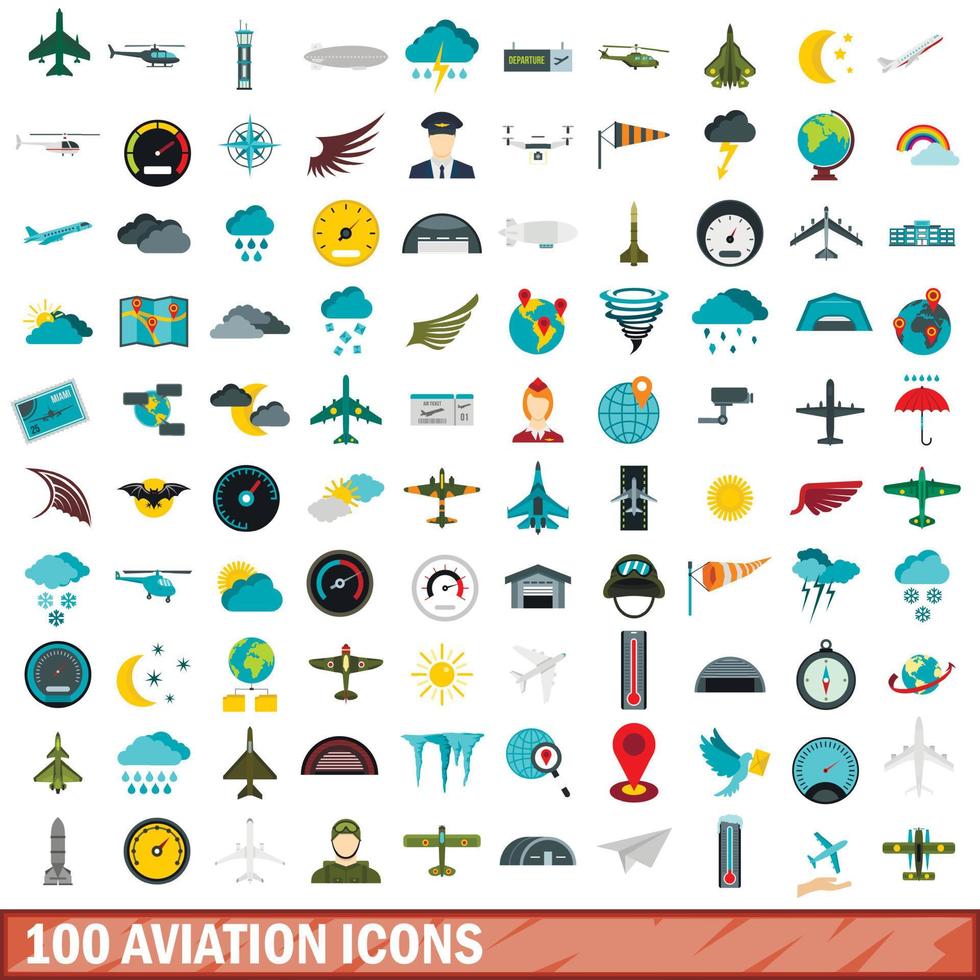 100 aviation icons set, flat style vector