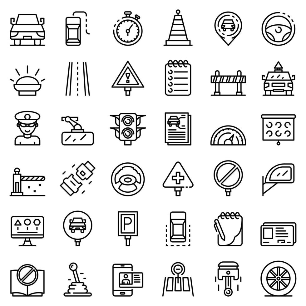 Driving school icons set, outline style vector