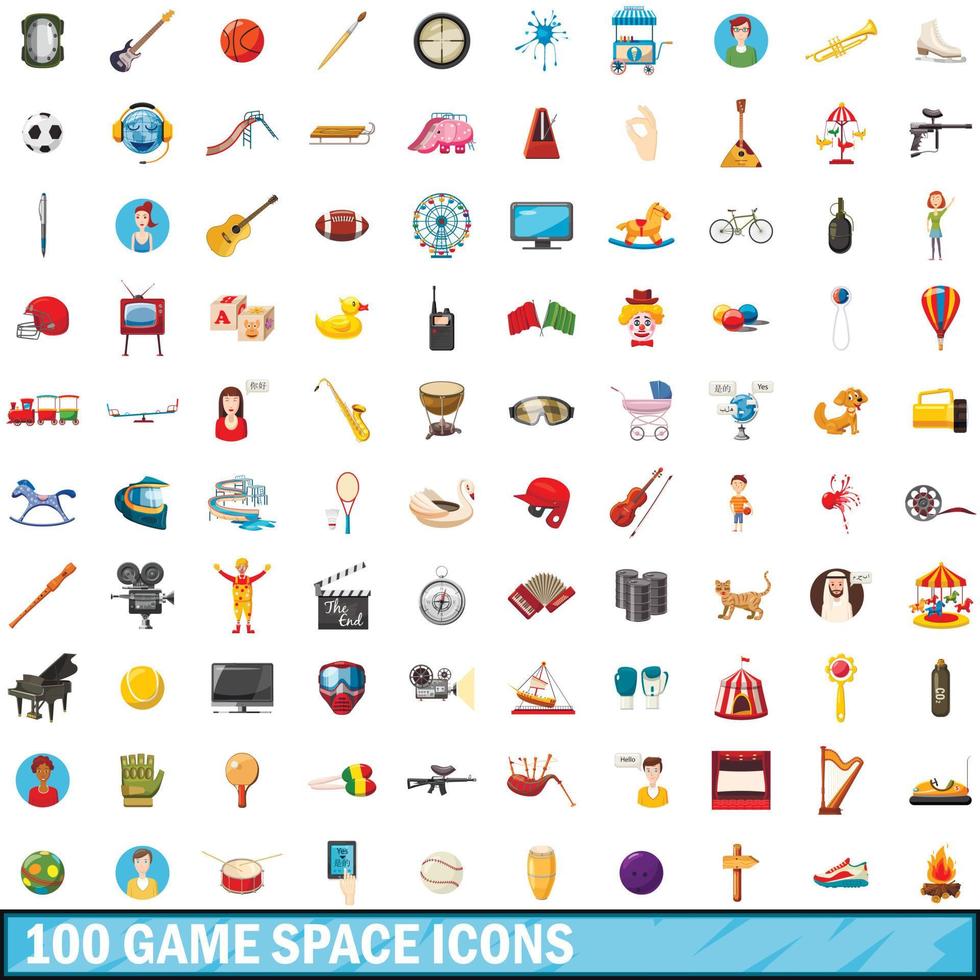 100 game space icons set, cartoon style vector