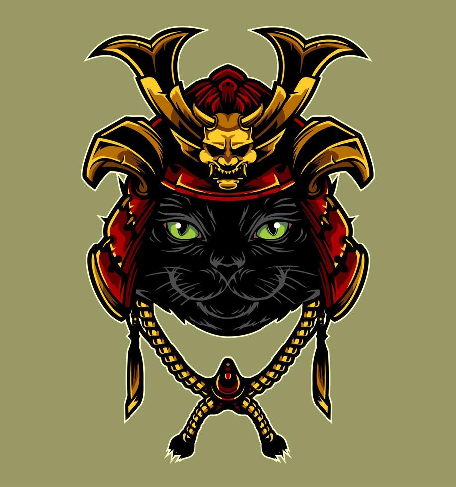 cat wearing a samurai helmet vector