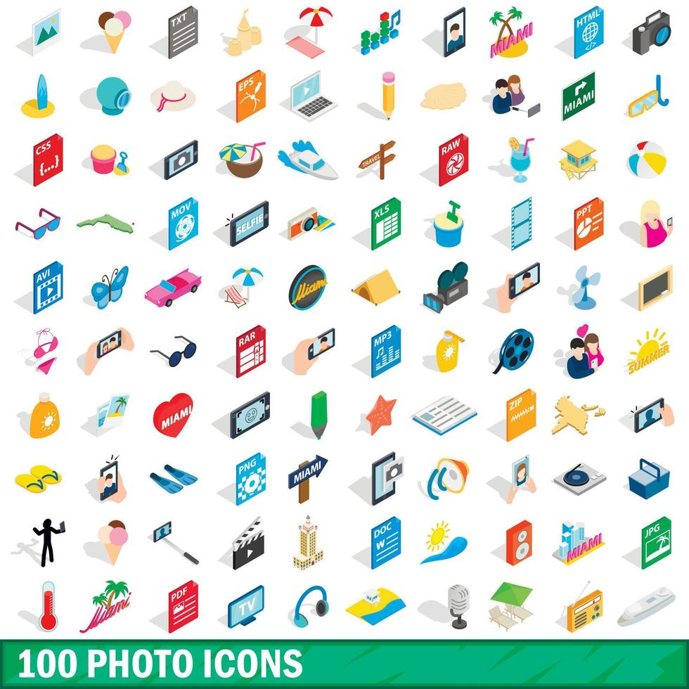 100 photo icons set, isometric 3d style vector