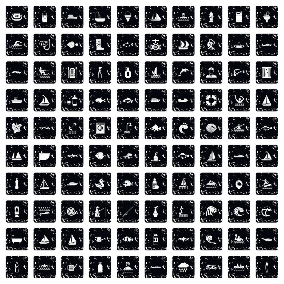 100 water icons set, grunge style vector