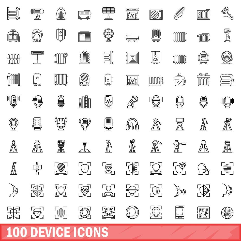 100 device icons set, outline style vector