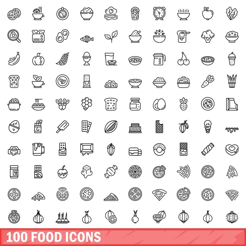 100 food icons set, outline style vector