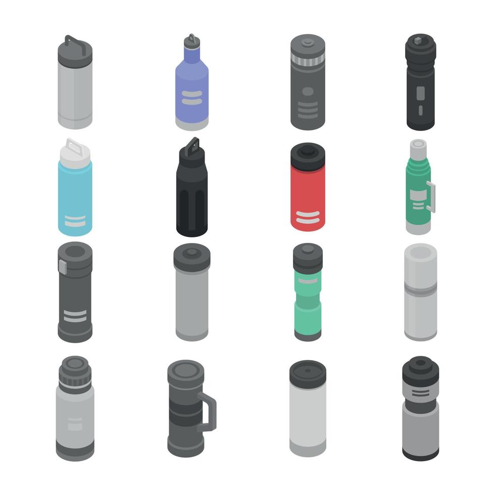 Vacuum insulated water bottle icons set, isometric style vector