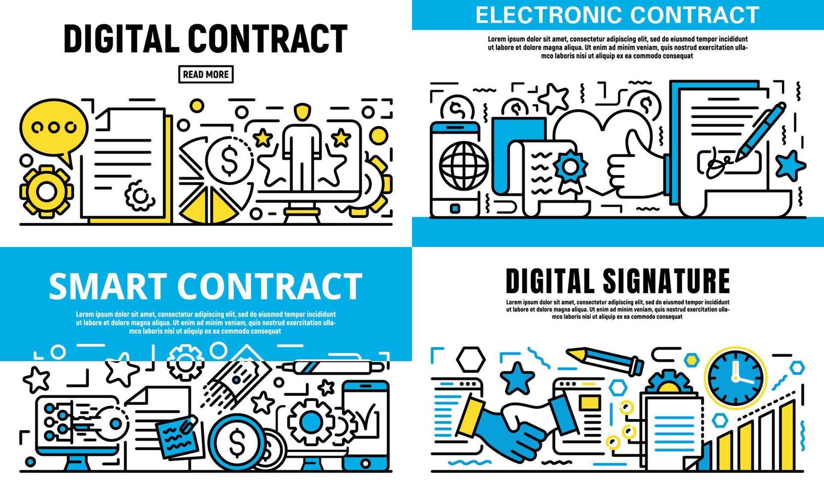 conjunto de banner de contrato digital, estilo de esquema vector