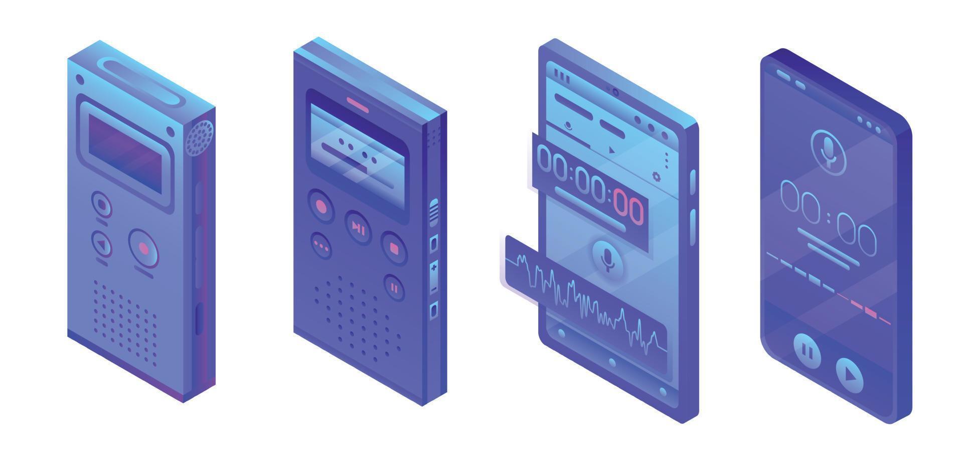 Dictaphone icons set, isometric style vector