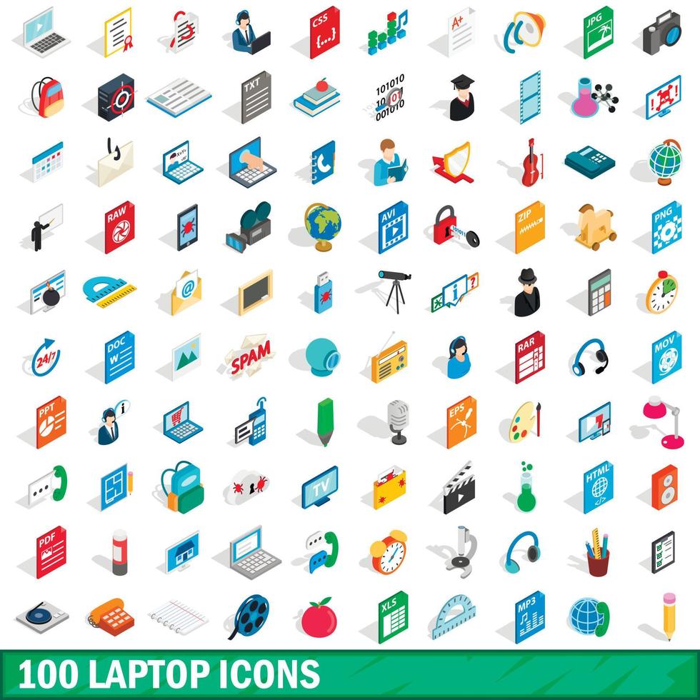 100 laptop icons set, isometric 3d style vector