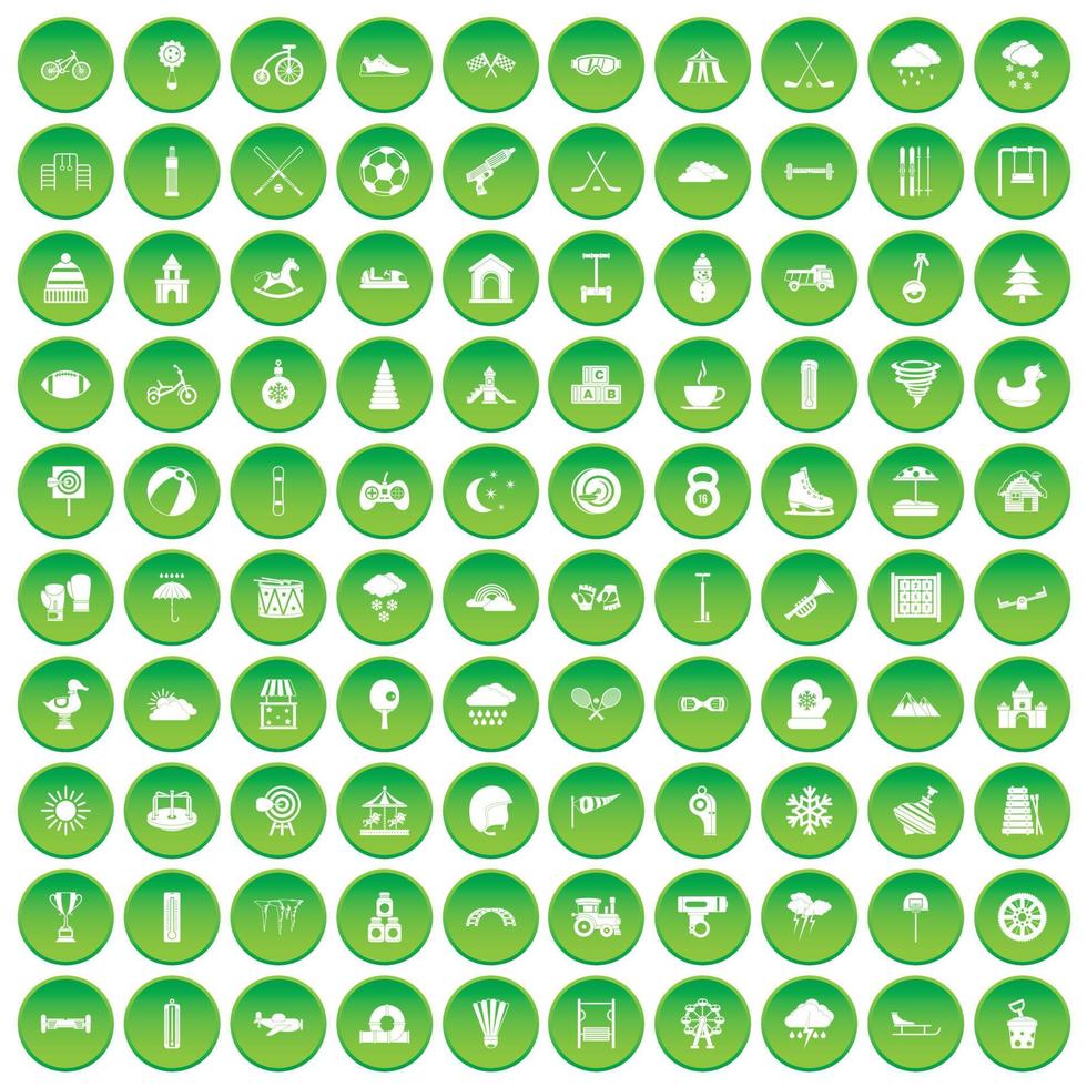 100 kids games icons set green circle vector