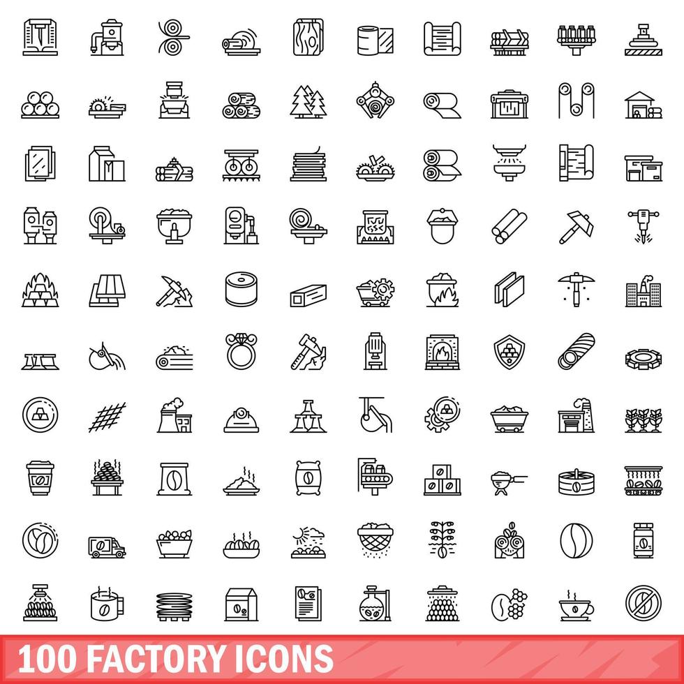 100 factory icons set, outline style vector