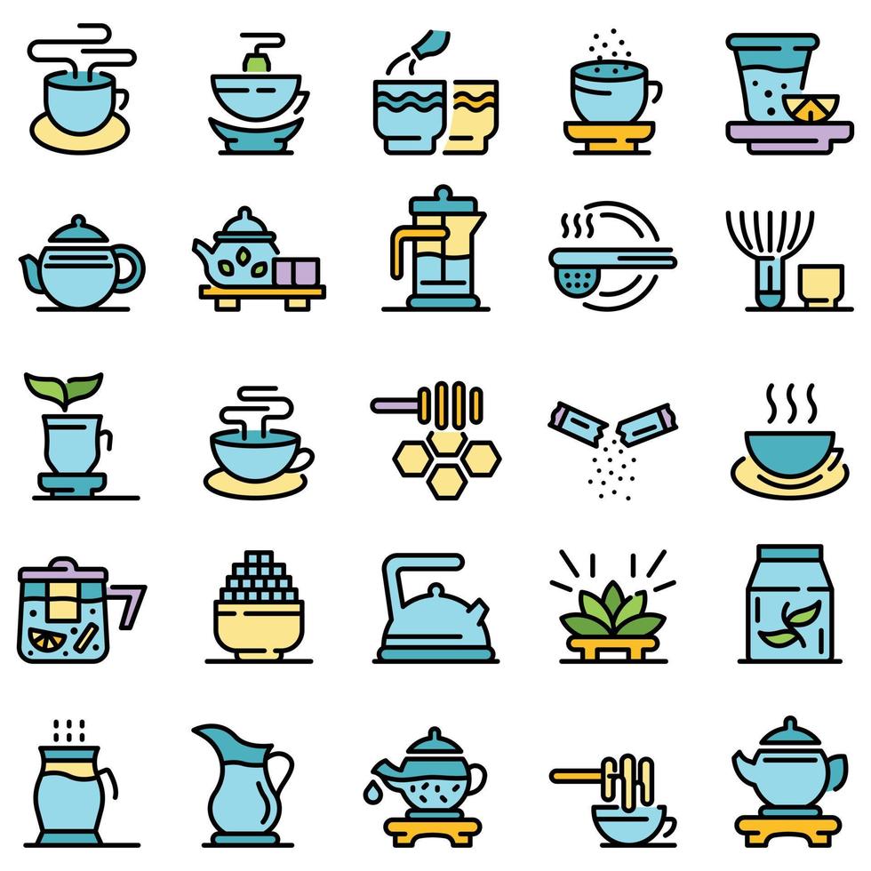 ceremonia del té, iconos, conjunto, vector, plano vector