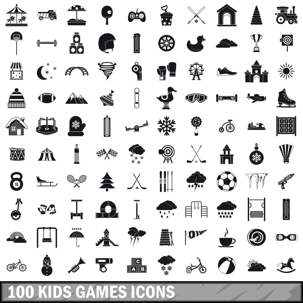 100 kids games icons set, simple style vector