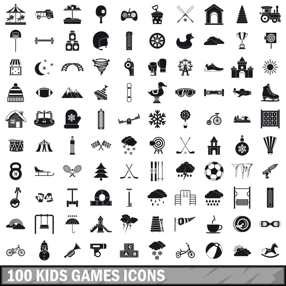 100 iconos de juegos para niños, estilo simple vector