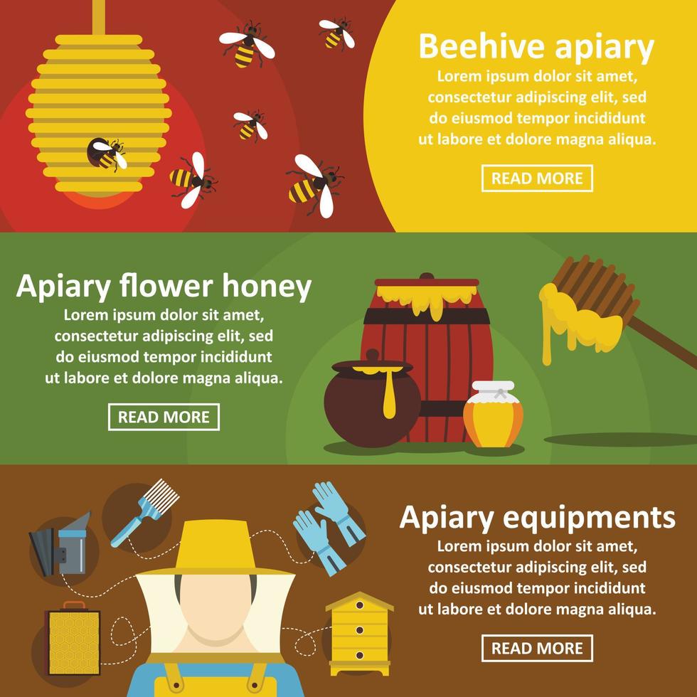 Apiary honey banner horizontal set, flat style vector