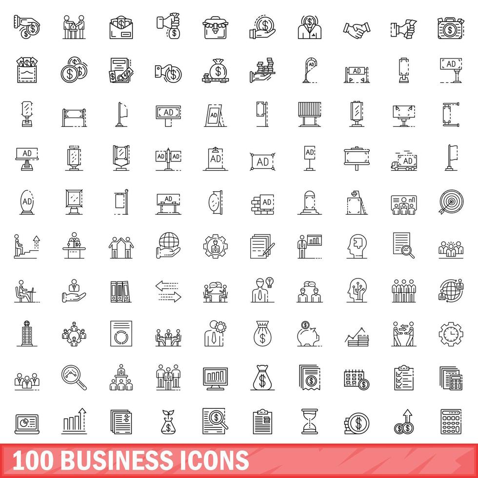 100 business icons set, outline style vector