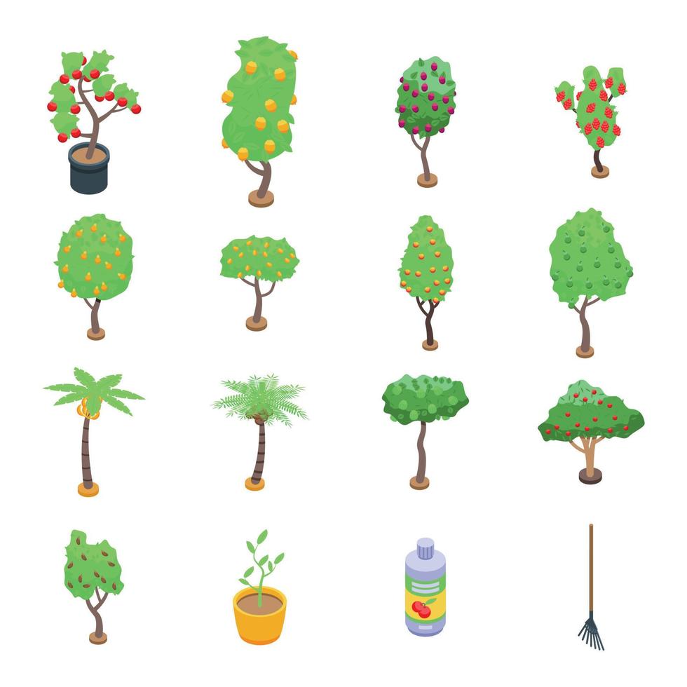 conjunto de iconos de árboles frutales, estilo isométrico vector