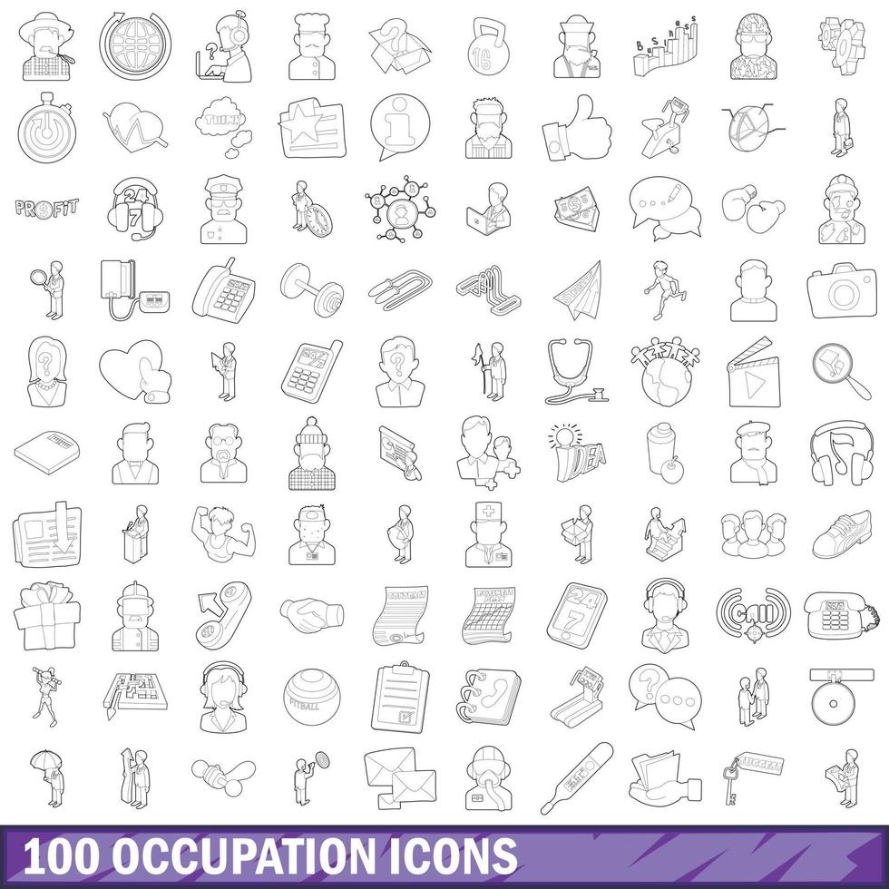 100 occupation icons set, outline style vector