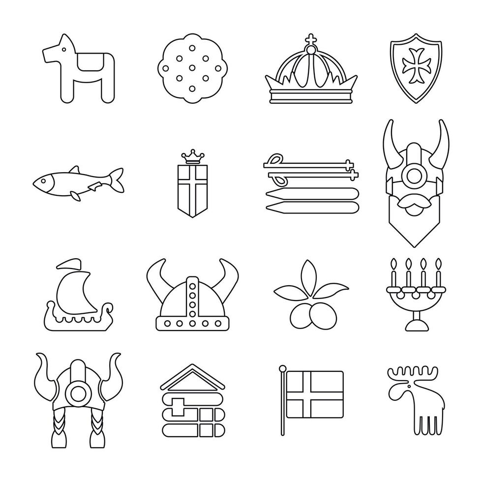 conjunto de iconos de viaje de suecia, estilo de contorno vector