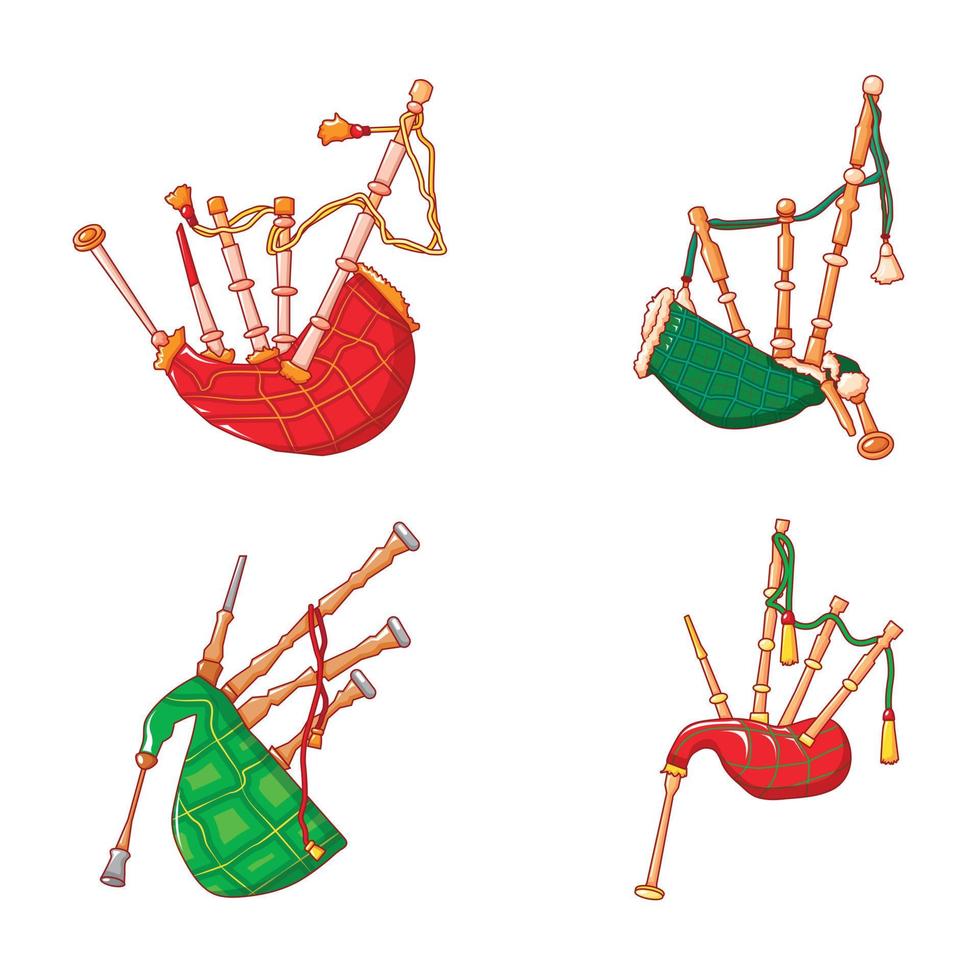 Bagpipes scotland music icons set, cartoon style vector