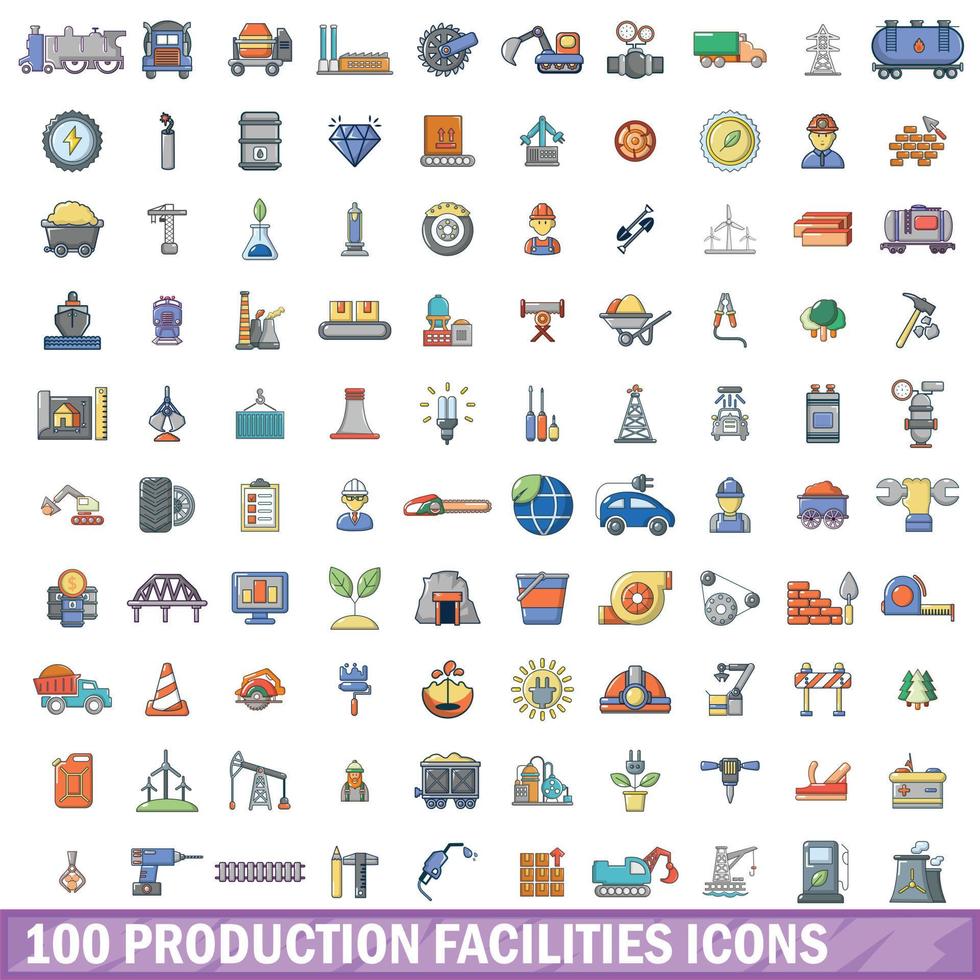 100 production facilities icons set, cartoon style vector