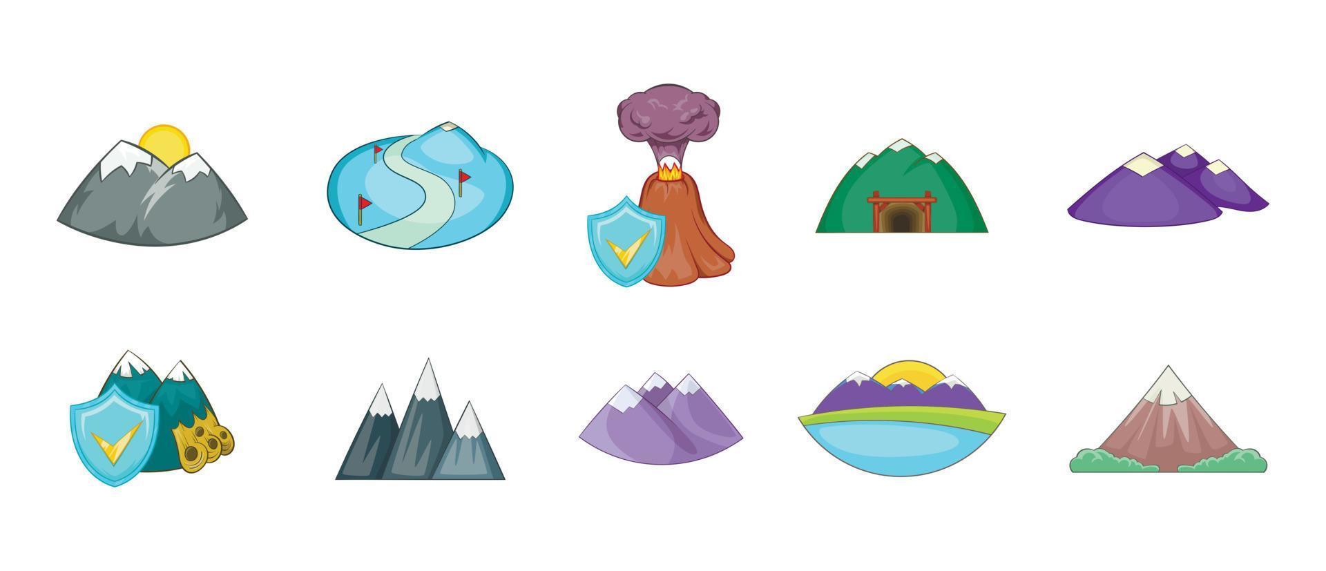 Mountains icon set, cartoon style vector