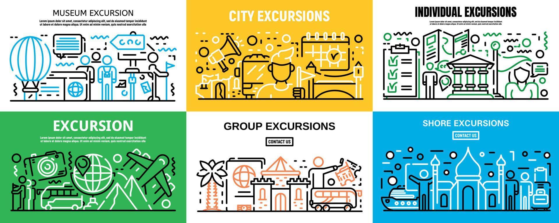 Excursion banner set, outline style vector