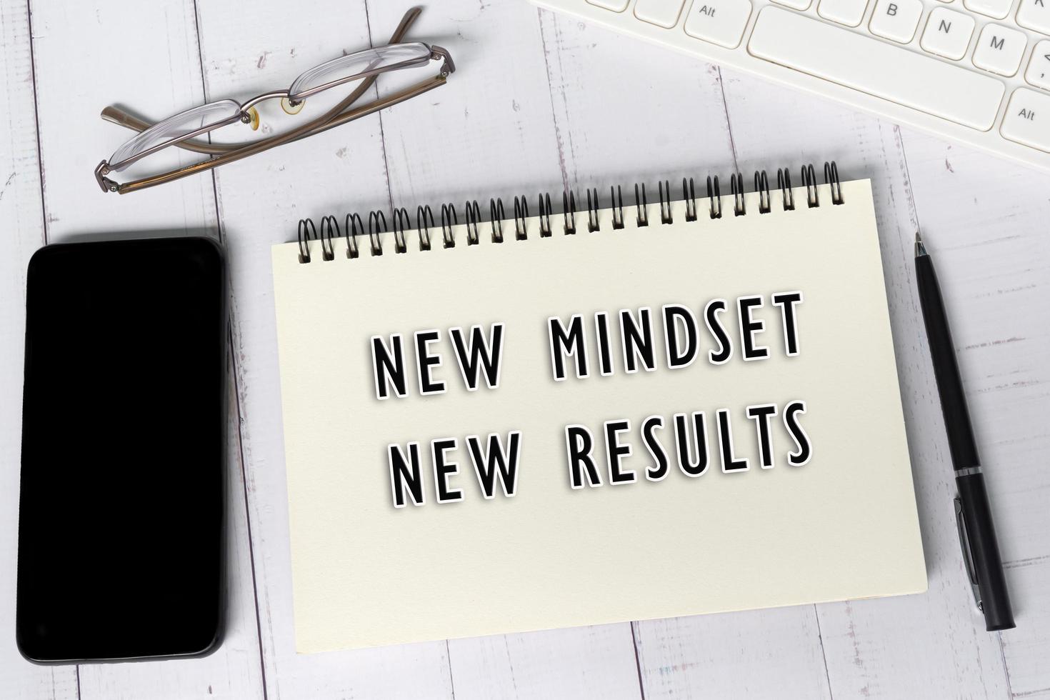 New mindset, new results text on notepad on white wooden desk. 8673423