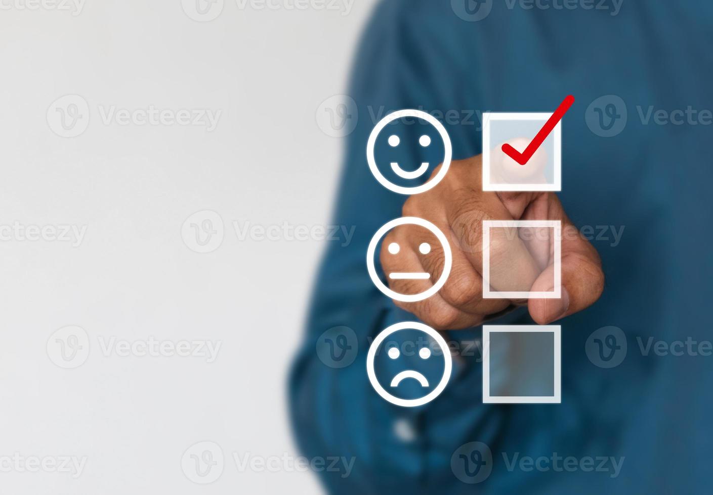 Businessmen choose to rating score happy icons with copy space. Customer service experience and business satisfaction survey concept photo