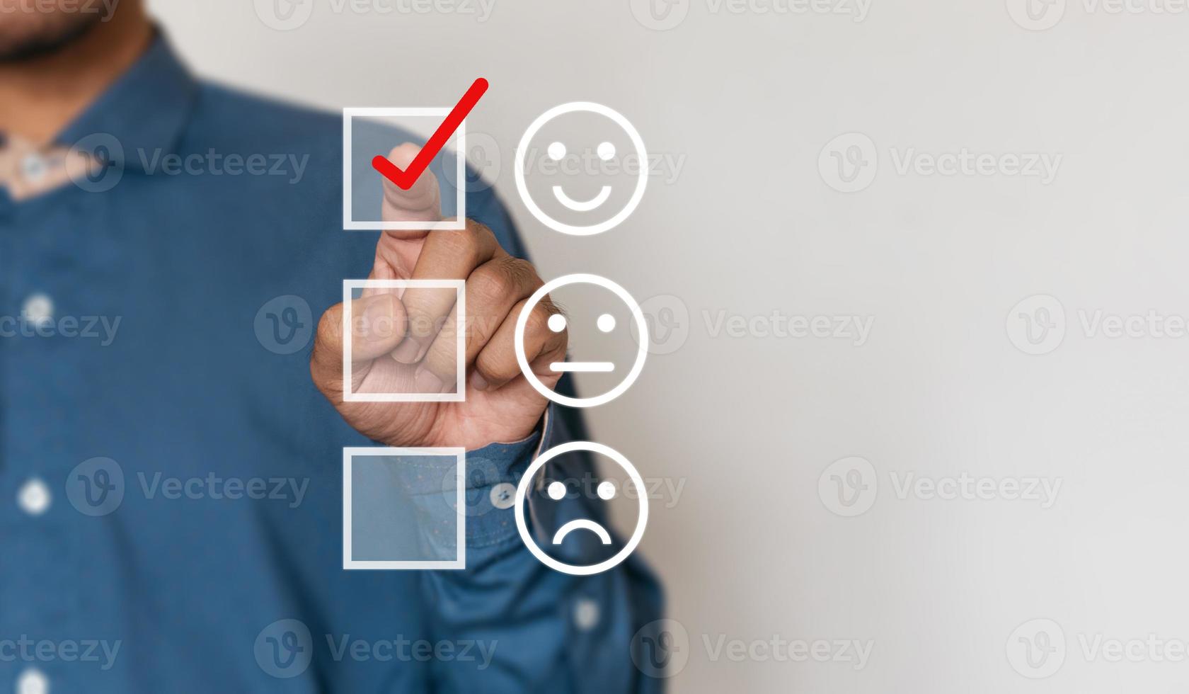 Businessmen choose to rating score happy icons with copy space. Customer service experience and business satisfaction survey concept photo