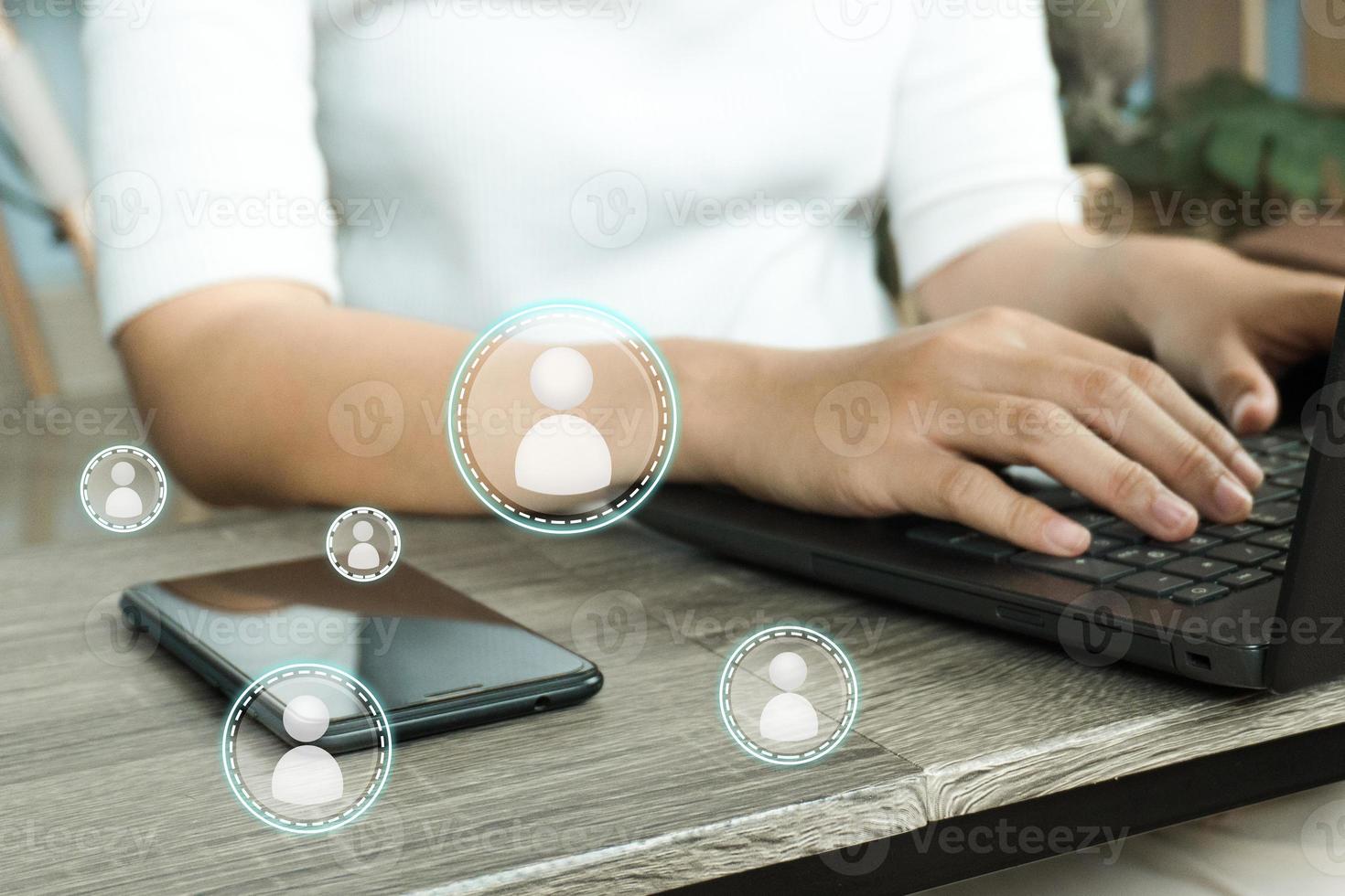 Cropped image of professional business woman working at home office via laptop, manager using portable computer device work process concept photo