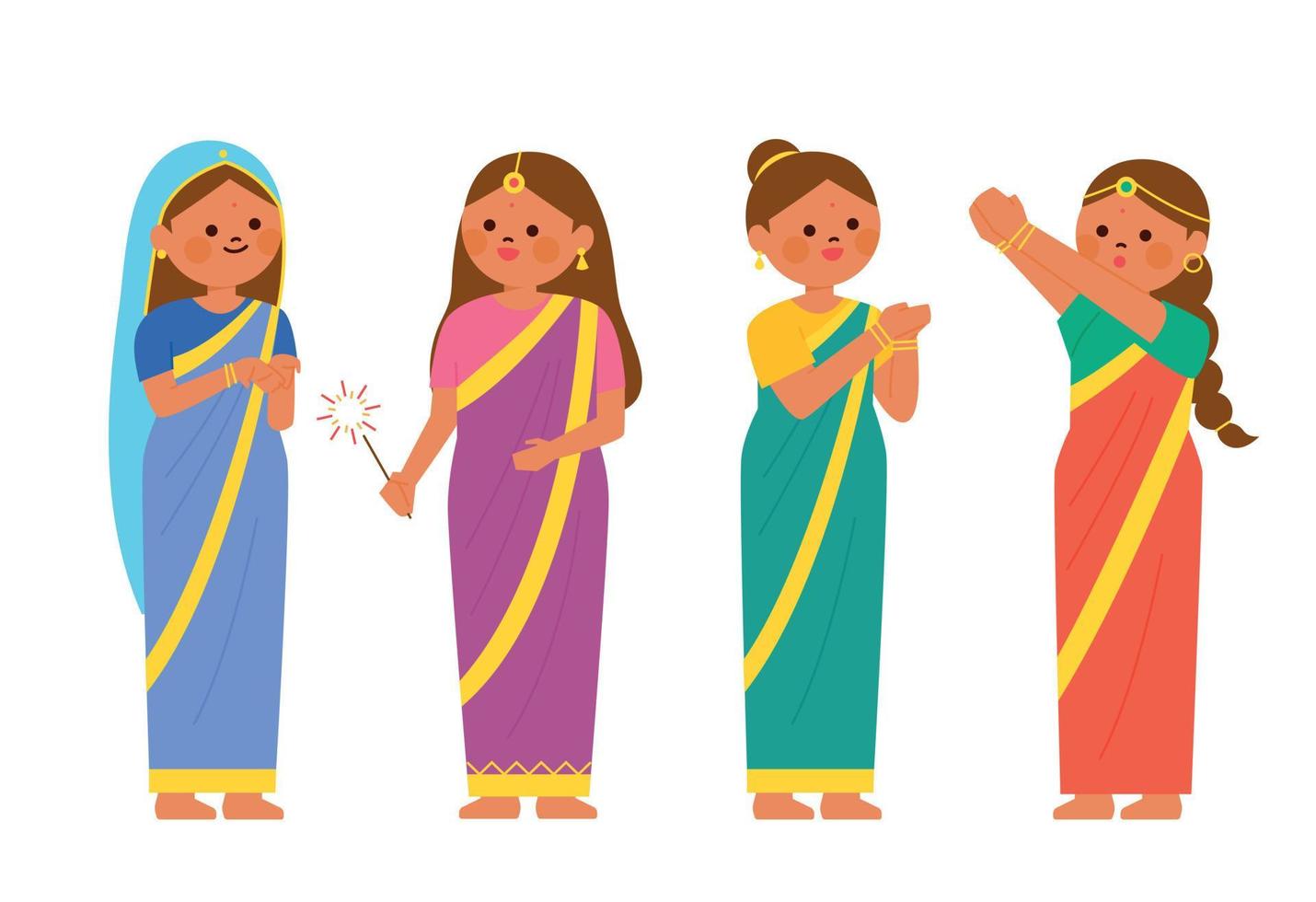 Female characters in beautiful traditional Indian costumes. flat design style vector illustration.