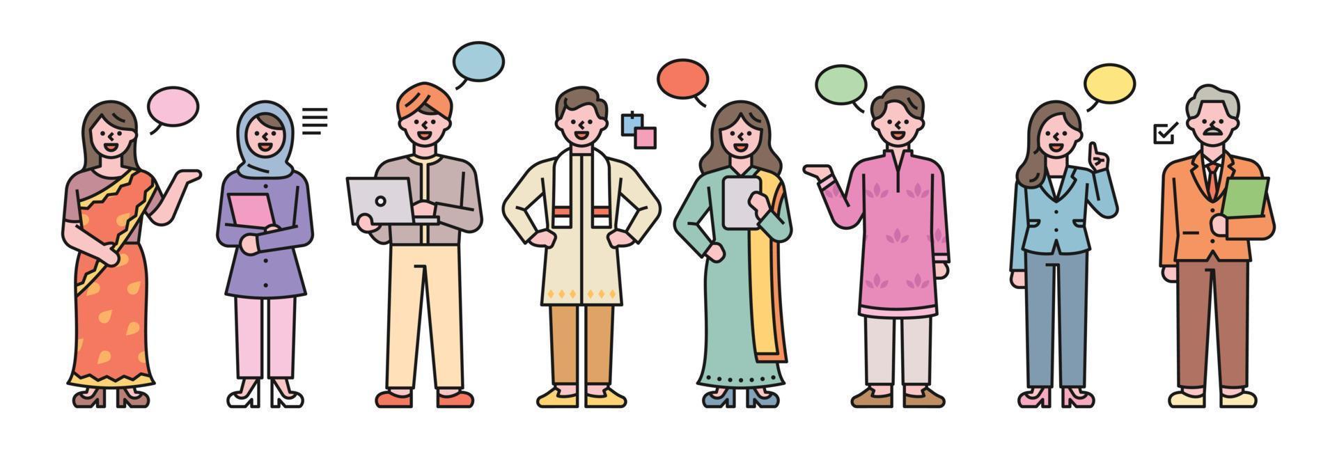 Asian business characters. They are wearing suits and traditional Indian clothes. vector