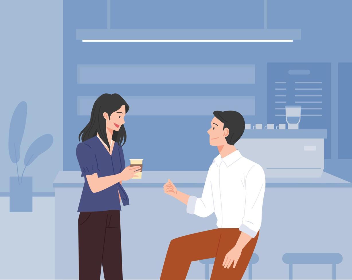 Two friends are drinking coffee and talking in the break room. vector