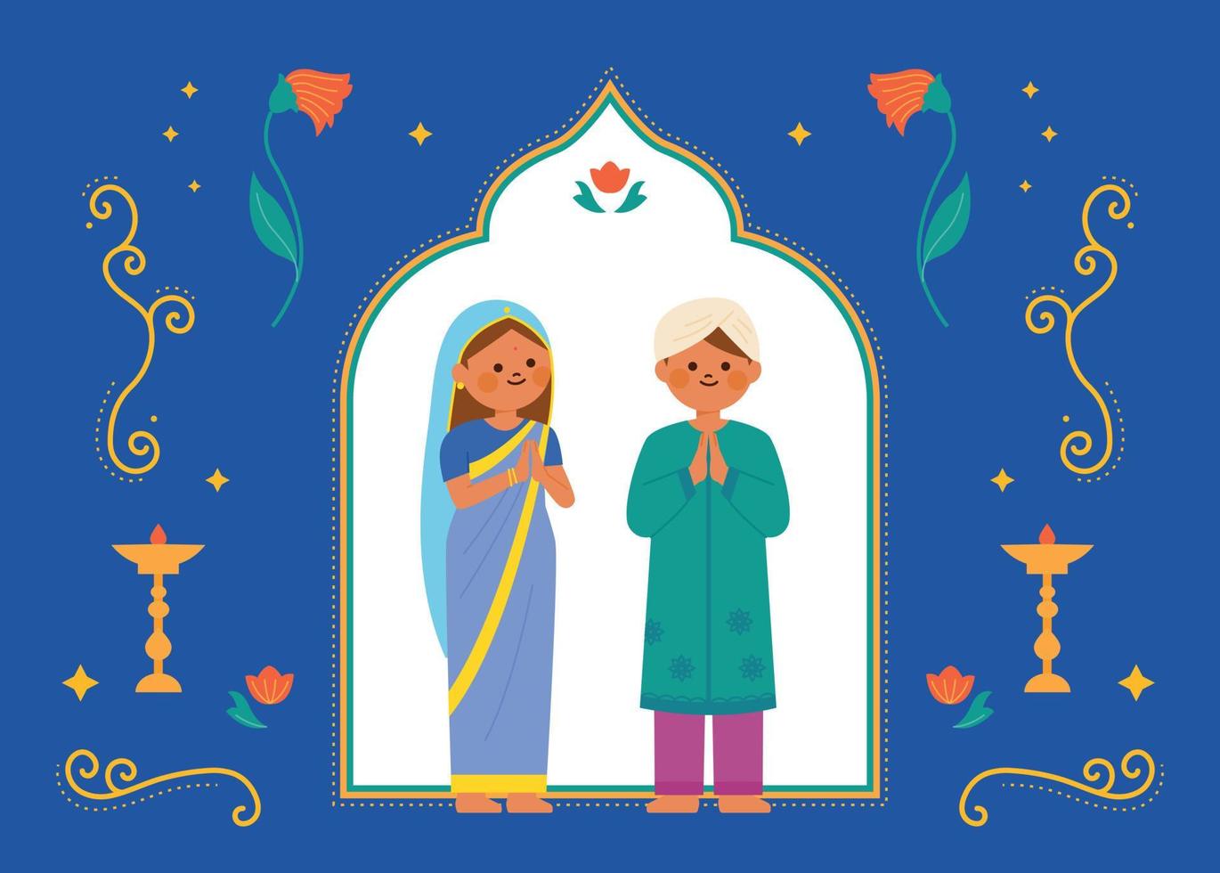 A couple in traditional Indian costumes are standing with their hands together in front of an Arabian door. vector