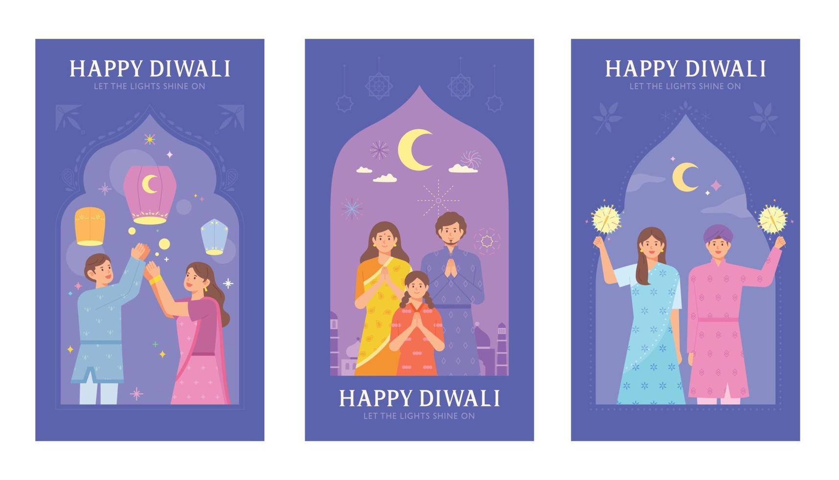 tarjeta postal de diwali. la gente con trajes tradicionales indios en hermosos patrones árabes está disfrutando del festival. vector