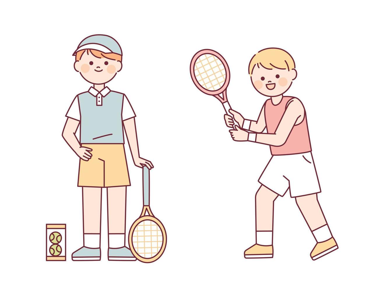 los chicos lindos están jugando al tenis. un chico lindo de pie sosteniendo una raqueta de tenis y un chico haciendo una pose de columpio. vector