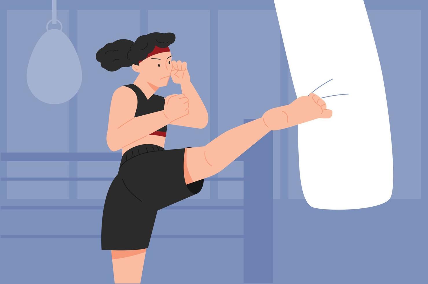 una mujer hace ejercicio con una patada a un saco de boxeo. vector