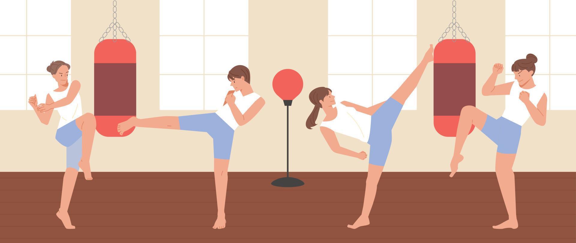 Many people in the gym are doing kickboxing. vector