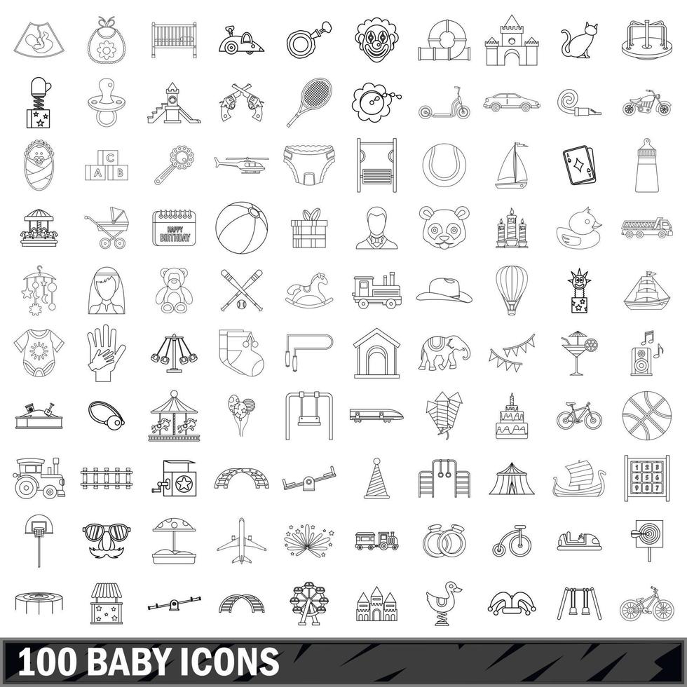 100 iconos de bebé, estilo de esquema vector
